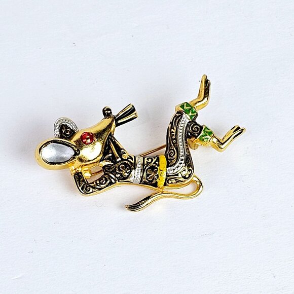 Vintage 50's Spanish Damascene Scatter Relaxing Mouse Gold & Black Pin Brooch - Picture 1 of 5
